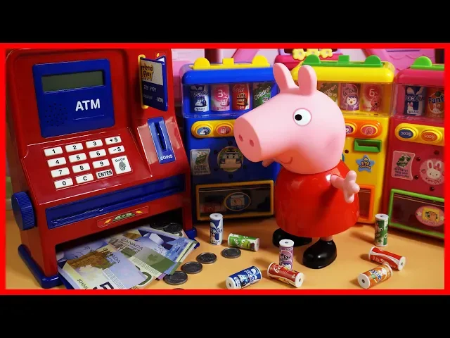 佩佩豬帶喬治豬去自動提款機 atm 取款買飲料的玩具故事
